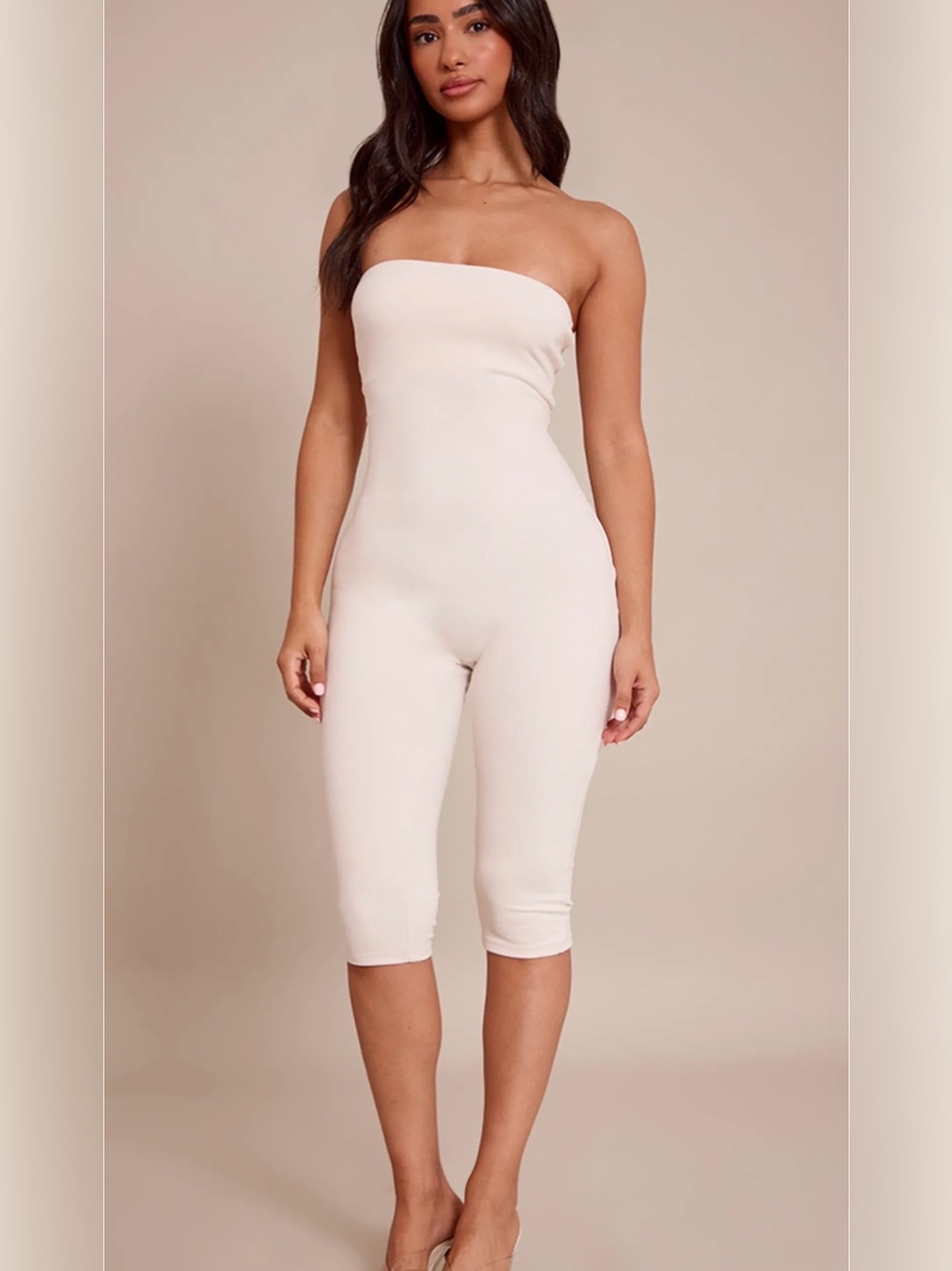 Strapless Cream Knit Jumpsuit Cropped Pants